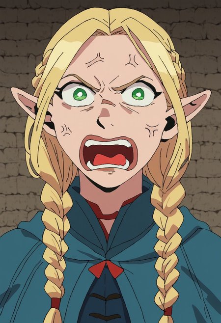 score_9, score_8_up, score_7_up, portrait, 1  girl, solo focus, PepeREEEEEEEEEEEEE, Enragedpepe, solo, tongue, open mouth, anger vein, angry, marcille donato, long hair, blonde hair, green eyes, braid, pointy ears, twin braids, elf, bright pupils, parted bangs,