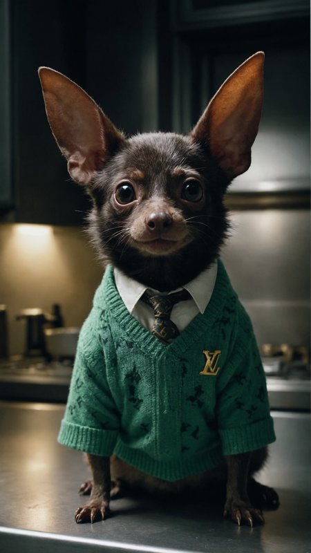 adorable and cute pitch-black bat wearing green (louis vuitton:1.1) sweater with a patterned tie, very big ears, smiling, (harsh shadows:2.0), mid-night, cinematic lighting, taken by Joel Sartore, taken by David LaChapelle, stunning, El Lissitzky, Daniel Arsham, Anish Kapoo, taken by Brandon Woelfel, cinematic, in a kitchen of Michelin-starred restaurant