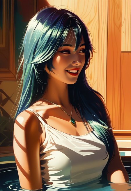 score_9, score_8_up, score_7_up, score_6_up, source_cartoon, 1girl, female, solo, femenine, petite, lean, pale skin,, soaking wet hair, smile, diaphonous white dress, bronze necklace, medium breasts, female focus, official style, close up, perfect anatomy, perfect face, standing,  abstract beauty, beautiful, centered, looking at the camera, approaching perfection, dynamic, moonlight, highly detailed, watercolor painting, artstation, concept art, smooth, sharp focus, illustration, portrait