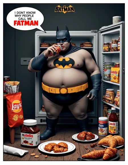 tittle batman: "FATMAN", photo batman fat, drinking coke, speech bubble saying bold "I DON'T KNOW WHY PEOPLE CALL ME FATMAN", refrigerator, pizzas, hamburguer, lay's chips, nutella, sandwich, croissant, cookies, ketchup, meat,  chicken thighs, food on the floor, <lora:Hand v2:1> <lora:Anti-Blur:1>       <lora:MoviePoster02-00_CE_FLUX_128AIT:1> mvpstrCE style