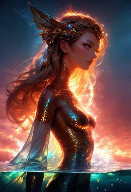 (score_9, score_8_up), score_7_up, zPDXL, solo, zPDXL3, <lora:MythAnim3Style:0.8>, MythAn1m3, character, source_anime, 1girl, mermaid, Iridescent eyes, aquatic scene, dreamlike atmosphere, mystical, ethereal light, detailed textures, whimsical, rippling, dripping, water element, very long cascading hair, water, very beautiful, sexy, sexy body, beautiful body, scales, wet body, Iridescent scales, bubbles, water drops, Iridescent skin, multi colored eyes, partially underwater shot, bioluminescent skin, bioluminescent, glowing, bioluminescent scales, bioluminescent hair, bioluminescent scales, FastNegativeV2, laser light clothes, submerged breast, water line on lense, view from under water, waterline, great lighting, seashells details, metallic details, hair ornaments, gems, sunset, bioluminescent tattoos, coastal  landscape background, long hair braids,  wet transparent clothing, translucent clothing, bodysuit with flowing sleeves, dark hair