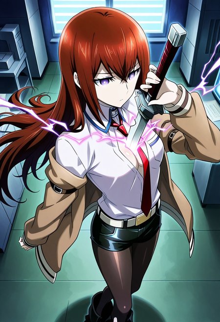 score_9, score_8_up, score_7_up, source_anime,  makise kurisu, purple eyes, brown hair, long hair, between eyes, long sleeves, white shirt, open clothes, necktie, shiny, collared shirt, belt, off shoulder, shiny hair, black pantyhose, short shorts, black shorts, red necktie, brown jacket, ankle boots, perfect_anatomy, (lighting, magic), (indoors, steins gate laboratory, office),
((human scabbard, holding, holding weapon, holding sword, electricity, cleavage)),