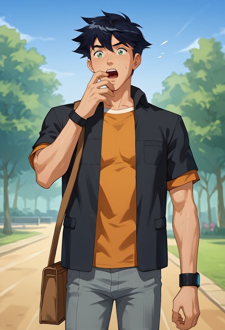 embedding:Pony\Positive\zPDXL3, score_9, score_8_up, score_7_up, 1boy, blaine_ts!, messy hair, black hair, green eyes, male focus, solo, short sleeves, (black jacket), muscular male, orange shirt, grey trousers, brown crossbody bag, smart band, surprised, panicked, sweatdrop, cowboy shot, hand on mouth, open mouth, outdoors, park, best quality, high resolution, masterpiece.