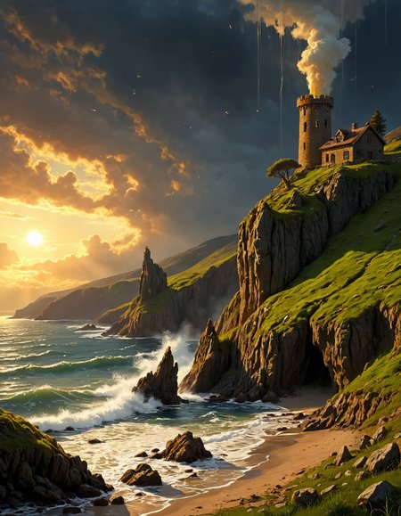 surreal landscape,creator landscape,stale of J.M.W. Turner (stormy skies), Basalt columns along foaming shore, antler rub marks on saplings, icehouse dug into hillside,weasel investigating burrow.
 <lora:LCMTurboMix_DPM_SDE_Karras:0.7>,
<lora:Flux-style-xl-lora:0.7> flux-style,
<lora:extremely_detailed:0.7> extremely detailed,
<lora:WildcardX-XL-Detail-Enhancer:0.3>,
<lora:add-detail-xl:0.7>,
BeyondSDXLv3,
(8k,highly detail, cool colors, grand illumination, dynamic cinematic perfect background, stunning detail,absurd detail, high quality, masterpiece,aesthetic, illustration, perfect composition, intricate details, absurdres),