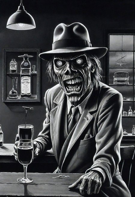 black and white illustration, masterpiece, top quality, best quality, highest quality, highest detailed, Simon Stlenhag Style, hmvi style, close up, Ink art of a monster, in a dark dingy bar by Salvador Dali, smerking mouth, saliva, wearing noir clothing, like a trench coat and fedora, iron maiden poster 1988, an airbrush painting,