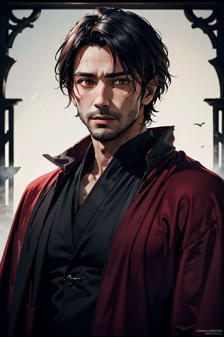 Master piece, highest quality, highest possible OverallDetail, semirealistic, red eyes,
Create an elder of a demonic sect.
The character looks like he is in his late twenties or early thirties. He is handsome.
He has black shoulder-length shaggy hair. 
His outer robe is black and the inner robe is dark red. 
His eyes are dark red. Detailed face. Red robe.
He meditates in nature.
perfecteyes eyes