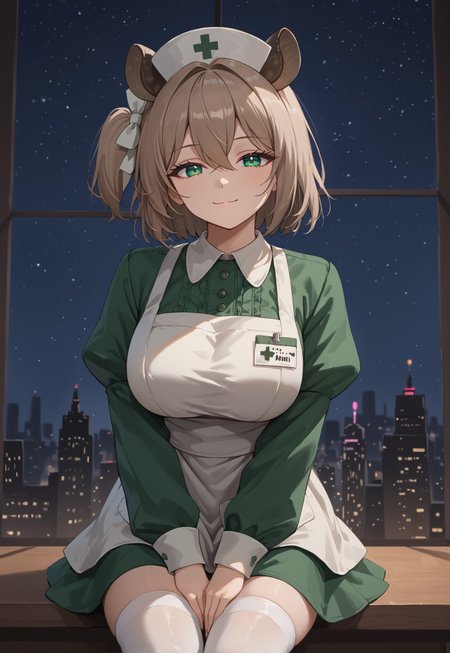 safe_pos, 1girl, solo, solo focus, highres, absurdres, NimiNightmare, nurse cap, green eyes, bangs, animal ears, brown hair, hair between eyes, short hair, one side up,

large breasts, white apron, green dress, long sleeves, collared dress, puffy sleeves, white thighhighs,

looking at viewer, closed mouth, smug, head tilt,

cityscape, neon lights, window, dark, night, night sky, light particles, backlighting, 