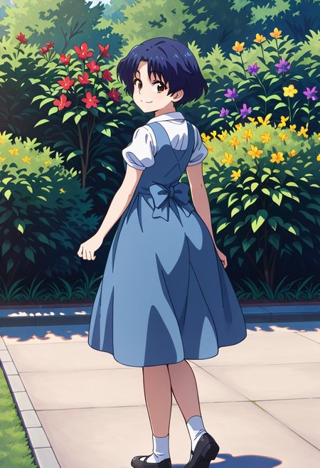 masterpiece, best quality, amazing quality, dynamic view,  solo, dynamic view,  solo, 1girl, masterpiece, best quality, bokeh, luminescent background, 
( akanetendou,   
dark blue hair, short hair, parted bangs, brown eyes, small breasts,  
  blue dress, pinafore dress, sleeveless dress, white shirt, collared shirt, puffy short sleeves, white socks, black shoes,
,   ), 
solo, from behind, outdoors, garden, flower, red flower, blue flower, purple flower, yellow flower, looking back, smile