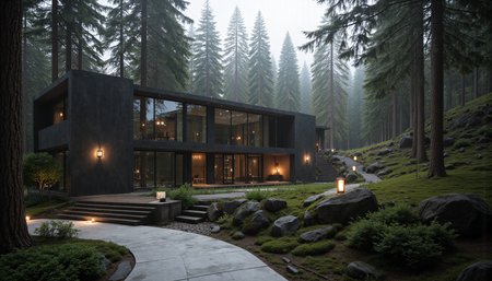 A serene, modernist retreat nestled within a misty forest, featuring expansive glass walls and sleek architectural lines. The buildingâs minimalist design includes dark gray and natural wood materials that harmonize with the surrounding nature. Outside, a smooth stone pathway leads to a wooden staircase, subtly integrated into a meticulously landscaped rock garden with moss-covered stones and lush green shrubs. Tall trees with lantern-style lights add a touch of soft, ambient illumination, enhancing the tranquil atmosphere. Overcast lighting filters through the dense foliage, casting gentle shadows on the scene. Render in the style of Tadao Ando, capturing his emphasis on harmony between architecture and nature, with a hint of Ansel Adams' moody black-and-white contrast. aidmaHyperrealism <lora:aidmaHyperrealismv0.3:0.6>  <lora:Sinfully_Stylish_.02_for_FLUX:0.6> in the style of Jed-clrfl <lora:flux-colourful:0.3>  <lora:FluxDFaeTasticDetails:0.6>