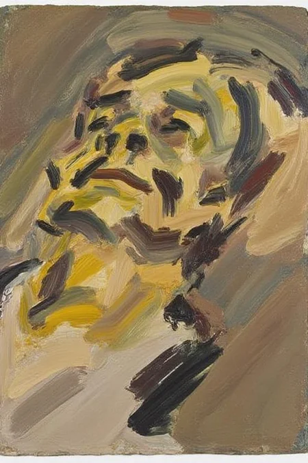 fraauer1 painting of the head of a reclining man, created with thick, expressive brush strokes in an abstract style. The artwork features a chaotic, emotional depiction of a human face, rendered in various shades of yellow, brown, and beige. The face is abstracted, with broad, sweeping brushstrokes creating the form. The eyes are depicted as swirling, chaotic masses of color, with the nose and mouth similarly abstracted into expressive, swirling patterns. <lora:fraauer1_cap_d6a3:1.0><lora:811767446500490002:0>