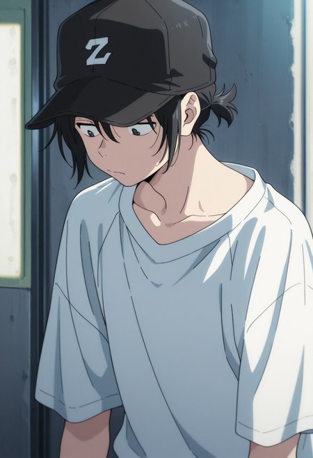 masterpiece,best quality,amazing quality, source_anime, 
MioChibana, 1boy, male focus, solo, black eyes, black hair, short ponytail, baseball cap, black headwear, shirt, white shirt,