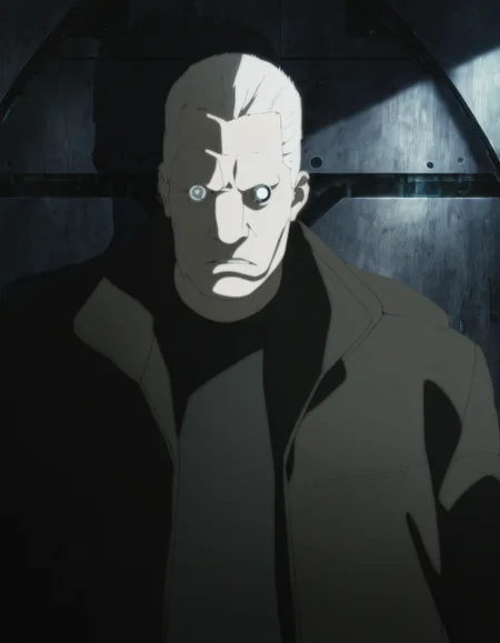 best quality, highres, absurdres, masterpiece,
1boy, batou (gits), artificial eye, upper body, white eyes, 
shadow, cinematic, anime screenshot,  cyberpunk, science fiction, 
(artist: sabudenego:0.4), (artist: abara heiki:0.4),  (by soejima shigenori:0.4), 
 <lora:GITS 2 innocence Illustrious:0.7>