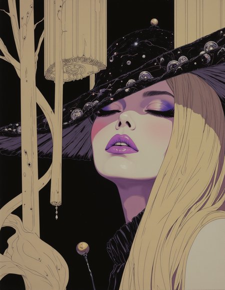 A digital artwork in the style of cknc, fantasy aesthetic, digital artwork of a futuristic, natural colors, epic. luminescence, ultra realistic, hyper detailed, soft lighting , (Frank Frazetta), epic scale. (detailed digital painting, detailed oil painting).


Create a dramatic  portrait of an elongated, ethereal-faced woman with closed eyes and vibrant purple lips set against her pale complexion. Her long, curved eyelashes add to this elegance. Adorn her with a hat decorated with dynamic, sweeping lines, suggesting movement. The hat should harmonize beige and black hues, blending with curtain-like vertical lines. Utilize geometric and fluid shapes in the backdrop in neutral and dark tones to evoke a mysterious, captivating ambiance..
..
 
masterpiece, best quality, medium-format camera,  high-contrast, dramatic lighting, striking composition,  CPA
