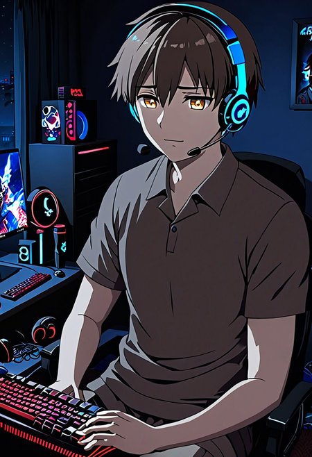 high resolution, solo, best quality, 1Boy, Takaki Toono, Brownish Hair, Brown Eyes, gamer, bedroom, night, pc, sit, headset, portraits, OverallDetail