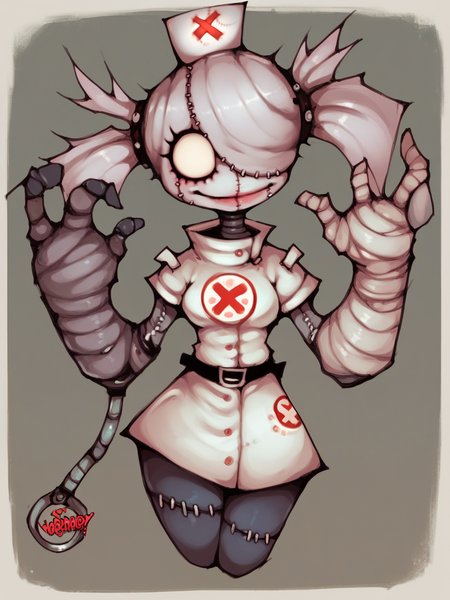 score_9, score_8_up, score_7_up, score_6_up, score_5_up,   <lora:w0rmb0yXLP:1> w0rmb0y, 1girl, stitches, nurse,