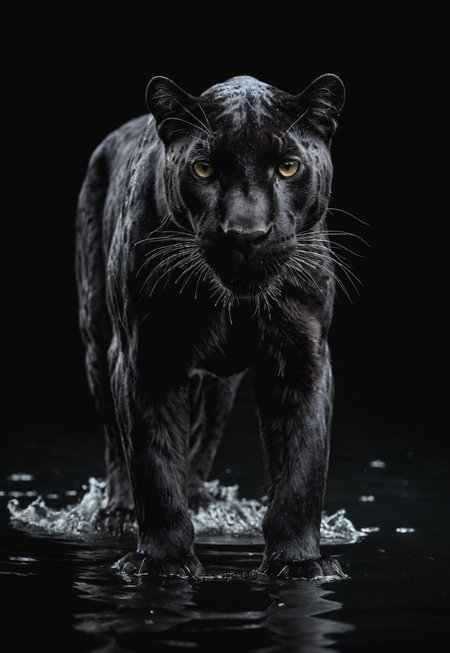 safe_pos, Close up of a Black Panther Standing on a Water surface, black background, studio lighting, studio photography, Hasselblad X2D 100C, HASSELBLAD XCD 90MM F/3.2, ISO 100, focal length 85mm, Cinematic