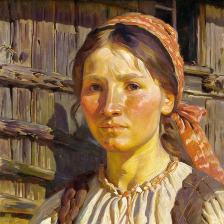 jchelmonski close-up of the face of a young beautiful peasant woman in the background of a wooden cottage, expressive <lora:jchelmonski:1>