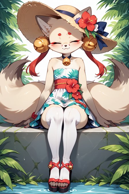 digital media (artwork), hi_res, score_9, score_8_up, score_7_up, score_6_up, score_5_up, score_4_up, BREAK,  <lora:Smooth Anime 2 Style SDXL_LoRA_Pony Diffusion V6 XL:0.7>, <lora:Expressive_H:0.8> Expressiveh,  <lora:Expressive_H:0.8> Expressiveh, <lora:Miki - JellyEnvy's Oc v2:0.8> Miki, anthro, female, fox, (white fur, white body), flat chested, bell, slim, eyes closed, kemono, thick thighs, wide hips, multi tails, thigh highs, Tropical Paradise: Tropical print dress, floppy hat, and wedge sandals., Sitting with legs crossed hands resting on knees