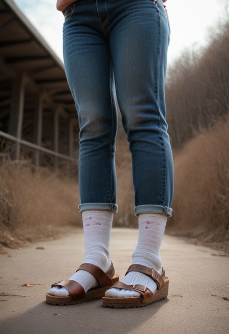 1girl, (brown thicksandals), outdoor,
(from below), (full height), socks, jeans,
(realistic, extreme details, detailed, focus, photorealistic, 16k, highres, true to life)