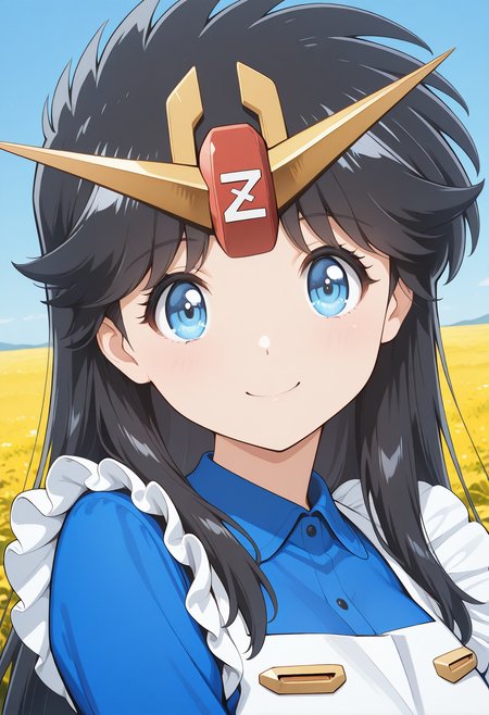 ZetaChan, v-fin, tiara, blue eyes, black hair, long hair, blue dress, long sleeves, white apron, <lora:ZetaChan_illustrious_ver1:0.8> 
smile,, masterpiece, best quality, general,, 1girl, solo, (field:1.2), (blue sky:1.2), looking at viewer,, (upper body:1.2), (close-up:1.2), (facing viewer:1.2), (open eyes:1.4), (portrait:1.2)