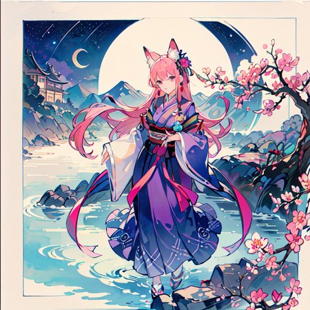 1girl, (\(pink fox ears\):1.1), looking_at_viewer, jewelry, ribbon, ribbon-trimmed sleeves, long hair, white, (purple_eyes), watercolor (medium), colored pencil (medium), bow, earrings, mountain, dusk, leaves, ((spring)), Chinese clothes, east Asian architecture, bird, expressionless, building, [fire], (pink_hair), (\(pink fox tails\)), \(fox mask\), \(purple_dress\), wet, rain, water, (flowers), petals, sky,  clouds, \(crescent moon\), shooting star, starry sky, tree, house, (river:0.8), (ocean:0.8),(waterfall:0.8), \(hand on own chest\), lamppost, lights,  (circular_border:1.5), (night), hitodama