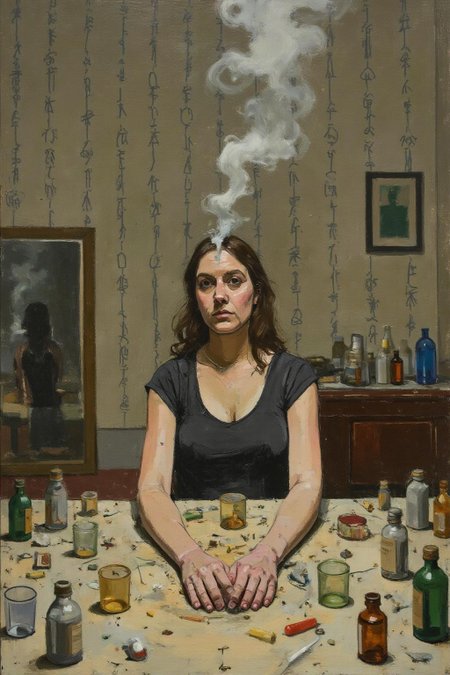 euanuglow1 painting.
a woman seated at a cluttered table, surrounded by mirrored reflections of herself. The scene is filled with translucent glass cups, pill containers, and small bottles, all creating an eclectic and moody atmosphere. Smoke rises around her, adding a dreamlike quality, while a wallpaper of hand-drawn symbols or calligraphy fills the background.  <lora:euanuglow1_cap_d6aee11:1.0><lora:845541514537975283:0>
