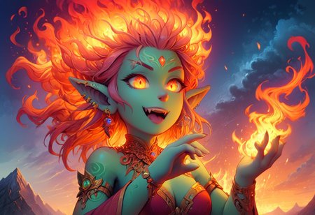 score_9, score_8_up, score_8, 1girl, a green skinned goblin wizard casting a spell, (((shooting magical fire from hands))) mouth open wide, face filled with rage, asymmetric, 2/3 view, clouds, twin suns, carcosa, mountain sunset, perfect eyes, fiery eyes,16k, exquisite detail, breathtaking features, a masterpiece, perfection, vibrant colors, breathtaking, hyper detailed, enhanced cgi imaging, 3d, 3d rendering, Style-DA, 1980s Fantasy Style, vivid color, fire aura, flames, fire aura <xl_more_art-full 0.5> <lora:add-detail-xl:0> Expressiveh
