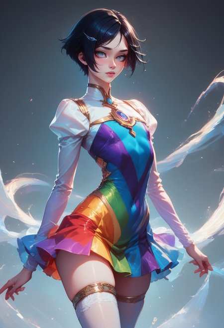 score_9, score_8_up, score_7_up, 1boy, femboy, otoko no ko, short hair, bob cut hair, black hair, grey eyes, gray eyes, feminine face, toned body, Shelly, rainbow dress, short dress, long sleeves, white thigh strap, highly detailed, intricate, zzCitronCAT, pose, modelshoot