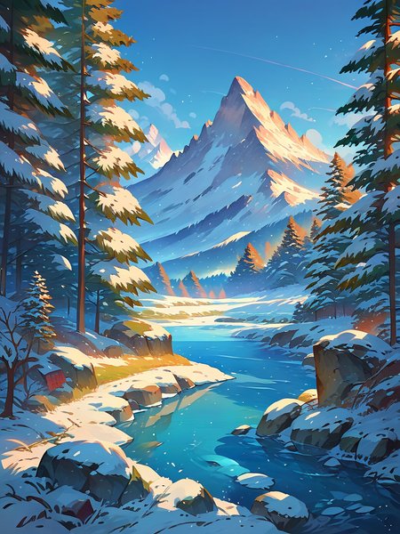 score_9, score_8_up, score_7_up, score_6_up, score_5_up,   <lora:snowXLP:1> tree, scenery, outdoors, snow, no humans, day, sky, winter, mountain, nature, blue sky, water, rock