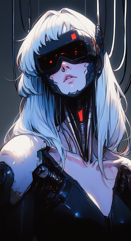 masterpiece, best quality, good quality, very aesthetic, absurdres, newest,  1girl, cable, collarbone, cyberpunk, cyborg, grey background, hair intakes, head-mounted display, headgear, long hair, looking at viewer, science fiction, solo, white hair, retro_artstyle, retro,
FF Style <lora:ponyv6_noobV1_2_adamW-000017:0.7> <lora:USNR_STYLE_XL_lokr:0.45> <lora:MinimalColorSketchIllustriousV1:0.3> <lora:retro_scifi_artstyle_illustriousXL-000021:0.6>