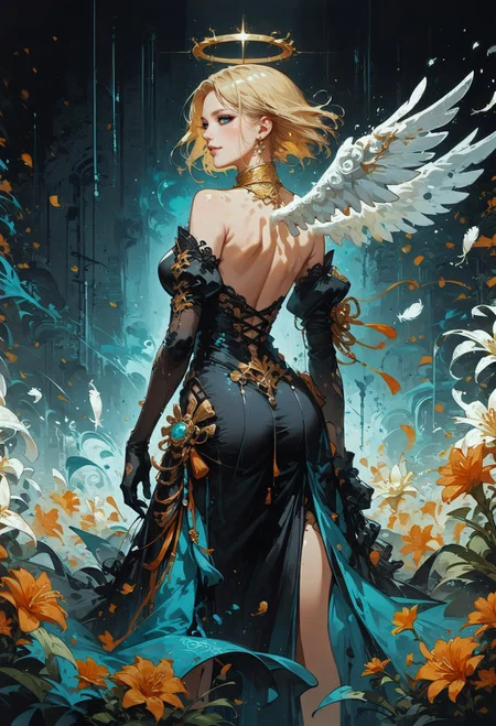 score_9, score_8_up, score_7_up,  1girl, angel, blonde hair, short hair, back view, standing, posing, black dress, opal, looking at viewer, white angel wings, feather wings, bright particles, darkness, gloom, black lace gloves, golden cherry blossom tones, Japanese aesthetic, lilies, explosive bright particles in the form of sparks of light, gold collar, black theme, black background  <lora:pony/twilight_style:0.8> <lora:pony/expressiveh:0.8> expressiveh <lora:pony/neon_cyberpunk_splash_art:0.8>