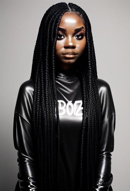 score_9, score_8_up, score_7_up, 1 woman, dark skin, long multicolor black2white box braids,  box braids, b0ll4nd, oversized sheer tshirt, latex boots, DRKDL, dramatic lighting, light to show hair color and texture