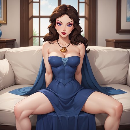 score_9, score_8_up, score_7_up, masterpiece, best quality, absurdres, solo, BREAK
BlueDress_Vanessa_ownwaifu, 
1girl, blue eyes, brown hair, long hair, narrow waist, shell necklace, makeup, lipstick, jewelry, necklace, red lips, medium breasts, pendant, eyeshadow, mature female, 
blue dress, cleavage, bare shoulders, long skirt, long dress, off shoulder, blue cape, cloak, off-shoulder dress, strapless dress,
(sitting, spread legs), arms behind back, couch, window shade, indoors, <lora:PONYXL_LittleMermaid_Vanessa_ownwaifu:0.95> , depth of field