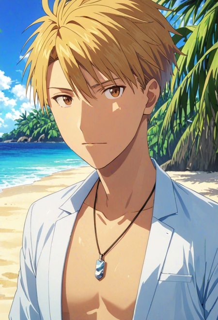 Yamato Ishida, masterpiece, best quality, (1boy), solo, male focus, High definition, Blonde hair, 4K, open shirt, vacation beach, Necklace