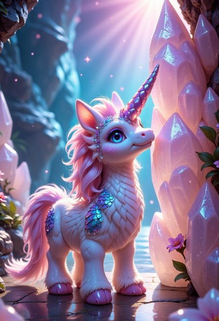 a picture of a of a small fat fluffy Unicorn, whose fur is decorated with small polished crystals, which looks out curiously between two huge crystals, it holds on to the large crystals and leans forward slightly to take a close look at its surroundings, it is super cute and fluffy and looks at the viewer with big sparkling eyes, it's super cute how it looks up from the bottom, the scene takes place in a crystal cave, the walls are decorated with unpolished shiny crystals that reflect the light in the cave and everything on illuminate a harmonious and peaceful way