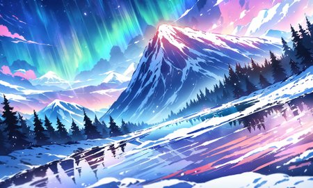 masterpiece, best quality, high quality, intricate, absurdres, very aesthetic, 
no humans, 
landscape, outdoors, nature, night,
mountain tops, snowy mountain, rocky mountains,
river, spring, sparkling water, mist, 
lava, magma stream, volcano in background,
trees, evergreen trees, windy, visible wing, wind lines, aurora,
ultra wide angle shot, cinematic style, highly detailed, majestic, shallow depth of field, movie still, hard light, circular polarizer, colorful, wallpaper, anime