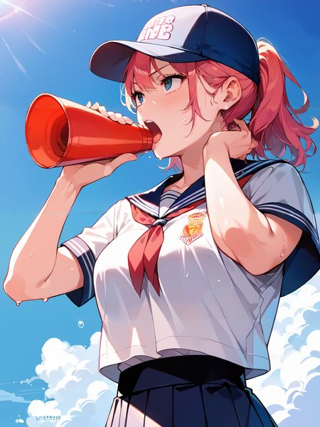 score_9, score_8_up, score_7_up,source_anime, high res image,masterpiece,best quality,woman,middle breasts,cute face,clear skin,shiny hair,ultra detailed eyes,summer,sky ,cloud, <lora:megaphone_pony_V1.0:0.8> holding megaphone,open mouth ,yell,school uniform,baseball cap,looking away, <lora:sweat_pony_V1.0:1> sweat,