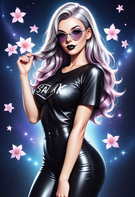 score_8, score_7_up, score_6_up, score_5_up, score_4_up, score_3_up, whimsical ultra realistic hyper detailed caricature of a boujee girl with silver, pink, lavender, and silver streaked messy long hair, wearing very lightly tinted lavender sunglasses, being able to see her eyes through the tinted lenses, black lipstick, black leather jacket, black t-shirt, black leather pants, looking at the viewer,  starry night background