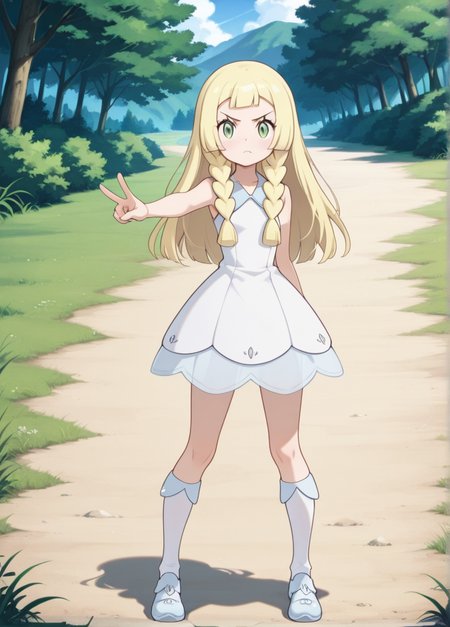 masterpiece, best quality, amazing quality, very aesthetic, absurdres, newest, detailed background, cowboy shot, outdoors, looking at viewer, official style, 
lilliexd, 1girl, blonde hair, solo, long hair, dress, braid, green eyes, white dress, twin braids, parody, frown, sleeveless, socks, sleeveless dress, closed mouth, standing, v-shaped eyebrows, >:(, full body, kneehighs, white socks, collared dress, bare arms, outstretched arm, shoes
 <lora:Lillie_-_Pokemon_Illustrious:1>