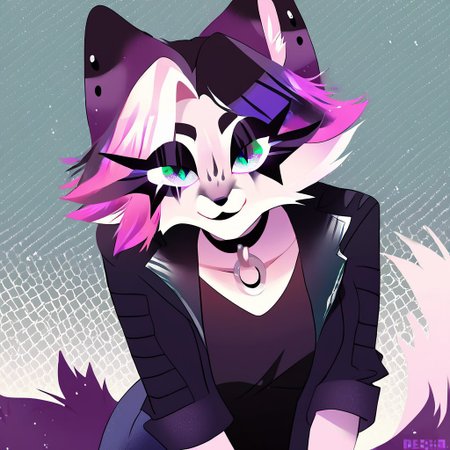 digital_media_(artwork) hi_res, score_9, score_8_up, score_7_up, score_6_up, score_5_up, score_4_up, rating_safe, beautiful, intricate, high quality details, highly detailed, amazing quality, anthro, furry, no humans, furry female, detailed textured fur, fur tufts, fluffy, cute, cute face, small, detailed sexy eyes, solo, SFW, ocelot, expressive, sassy, multicolored hair, streaked hair, absurdres, highres, shirt, denim pants, leather jacket, choker, clothed slim, clothed slender, clothed skinny, goth, heavy eyeliner, heavy eye shadow, breasts, vivid colors, Dexechiistyle