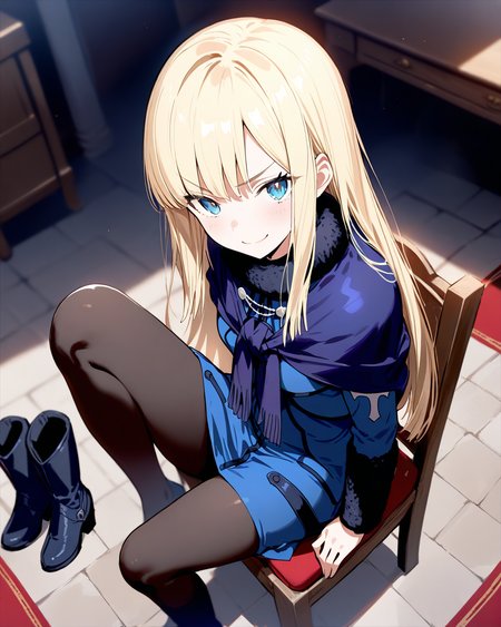 1girl,
ReinesElMelloiArchisorteFateGrandOrder,
safe, solo, perspective, dutch angle, from above,
long hair, blonde hair, blue eyes,
looking at viewer, v-shaped eyebrows, smile,
fur collar, blue capelet,
blue jacket, breasts,
leg up, unworn boots,
long sleeves, fur-trimmed sleeves,
blue dress, 
black pantyhose, 
ankle boots, 
sitting, chair, boots,
medieval, room,
depth of field,
<lora:kp_ReinesElMelloiArchisorteFateGrandAnimagineXL_v1_0:1.0>,
masterpiece, high score, great score, absurdres