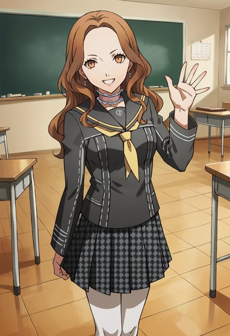 score_9, score_8_up, source_anime
1 girl, solo, cute face,
p4ebihara, brown hair, long hair, wavy hair,
p4ebihara-uni, choker, yasogami school uniform, school uniform, pantyhose, skirt, serafuku, houndstooth, 
classroom, standing, looking at viewer, smile, teeth, waving
masterpiece, best quality, ultra detailed,