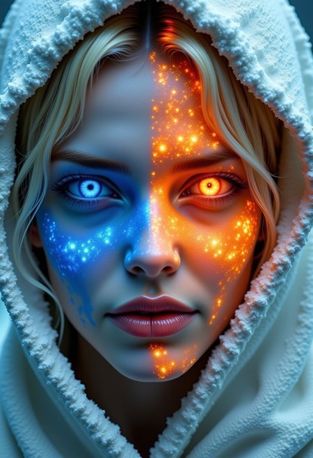 The image is a highly detailed, hyper-realistic CGI artwork of a young woman's face, showcasing a striking split-personality effect. The artwork is rendered in a hyper-realistic digital medium, with an emphasis on detailed textures and lighting effects. The woman's face is divided down the middle, with her right side displaying a cool, icy blue hue and the left side a warm, fiery orange. Her eyes are a mesmerizing contrast: the right eye is a cool blue, while the left eye glows an intense, pulsating orange.   Her skin is a pale, almost ghostly white, with a fine layer of frost or dust on the blue side, adding a chilling effect. Her lips are full and naturally pink, though slightly pale, adding to the ethereal atmosphere. The woman's hair is blonde and short, barely visible under a hood or wrap that drapes over her shoulders in a soft, textured fabric.