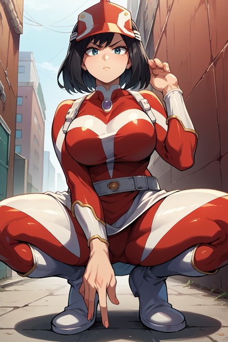 score_9, score_8_up, score_7_up, score_6_up, source_anime BREAK 1girl, solo  <lora:kodaiyui-pdxl-nvwls-v1-000005:1> kodaiyui, black hair, visor cap, red and white bodysuit, long sleeves, belt, white skirt, white boots, big breasts, crouching, white boots, looking at you, serious, city, alleyway