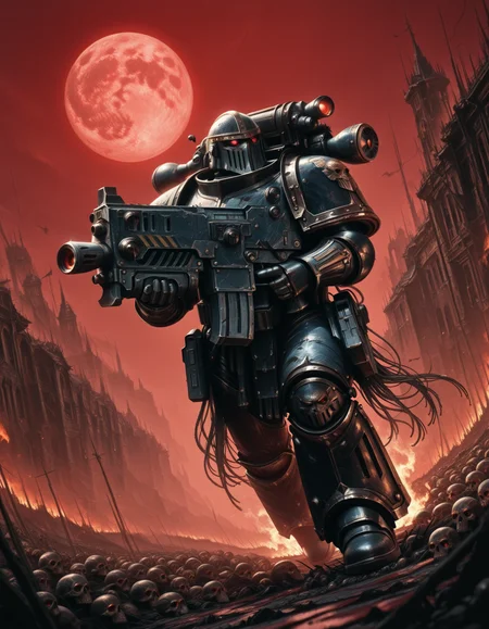 masterpiece, best quality, high quality, newest, highres,8K,HDR,absurdres, IronW40k, (multiple boys, multiple men), military march, army, marching, holding bolter, heavy bolter, helmet, detailed helmet, red eyes, mechanical power armor, intricate patterns, ethereal glow, holding sword, armored gauntlets, BREAK
war background, ruins, burning, skulls, blood moon, red sky, horror \(theme\), dark, creepy, misty environment, depth of field, dramatic lighting, detailed background, dynamic pose, foreshortening, fantasy illustration, military march, cinematic shot., detailed background, dynamic pose, dynamic composition,dutch angle, detailed backgroud,foreshortening,blurry edges 
BREAK <lora:ILLIronW40k:1>  <lora:cyber_style_illustrious:1> wm_cyber,  <lora:Bolter_-_Warhammer_40000_Pony_SDXL:1> a bltgun bolter weapon