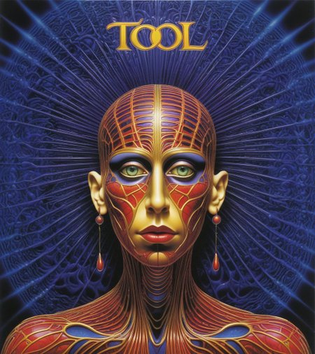Tool Metal album cover, style by Alex Gray, (write text: "TOOL")