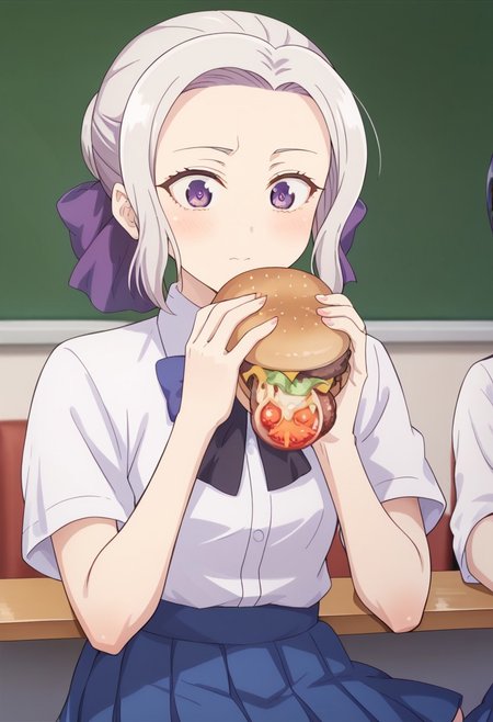 score_9, score_8_up, score_7_up, score_6_up, score_5_up, score_4_up, detailed eyes, detailed skin, source_anime, BREAK, <lora:shino-kiryuu-s2-ponyxl-lora-nochekaiser:1>, shino kiryuu, purple eyes, white hair, hair bow, purple ribbon,, skirt, shirt, bow, school uniform, white shirt, short sleeves, pleated skirt, bowtie, blue skirt, BREAK, indoors, restaurant, burger, sitting, eatung burger, burger malfunction,