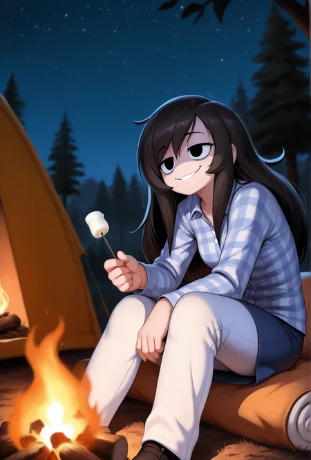 masterpiece,best quality,amazing quality, <lora:rosemary_cabronpr_illustrious_v1f:0.75> rosemary, 1girl, solo, black eyes, no nose,bags under eyes, long hair, smile BREAK
(depth of field:1.3), campsite, tent, campfire, night, starry sky, tree, sitting, dark, low lighting, dim lighting, plaid shirt, blue skirt, white pants, jeans, roasted marshmallow, holding stick <lora:chunie_style_illustrious_v1f:1> chunstyle