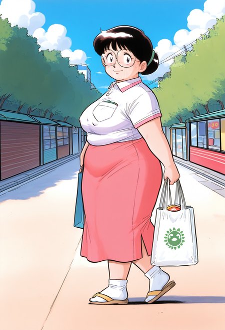 best hands, 5 fingers <lora:shina chara_IL1.2:0.8> retro artstyle, from behind, looking back, 
shina chara, shina_style, solo, 1girl, Friends Mom, mature female, looking at viewer, smile, single hair bun, glasses, black eyes, closed mouth,
plump, medium breasts, covered nipples, 
collared polo shirt, short sleeves, breast pocket, long skirt, socks, sandals, 
holding shopping bag,
walking,
<lora:AIã¤ã©ã¹ããããã_style_illustrious_goofy:1>shiny skin, shiny clothes,
outdoors, day, Shopping district, street, cloudy sky, shadow,