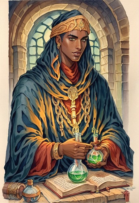 score_9, score_8_up, score_7_up, oblivionarts, solo, 1boy, alchemist, ((african male)), robes, turban, vial, potion, book, apothecary background, traditional art, medieval, <lora:Oblivion:.6>